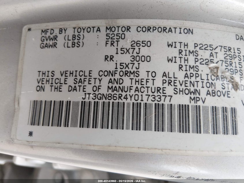 2000 Toyota 4runner VIN JT3GN86R4Y0173377 IAAI salvage auction — NORMAL WEAR, Original (Texas), sold $1,100 on 2026-07-07 (photo 9)