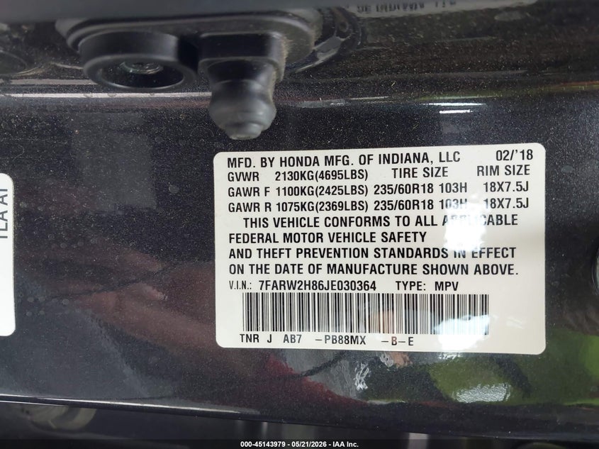 2018 Honda Cr-v VIN 7FARW2H86JE030364 IAAI salvage auction — ROOF, Salvage (Missouri), sold $6,000 on 2026-07-21 (photo 9)