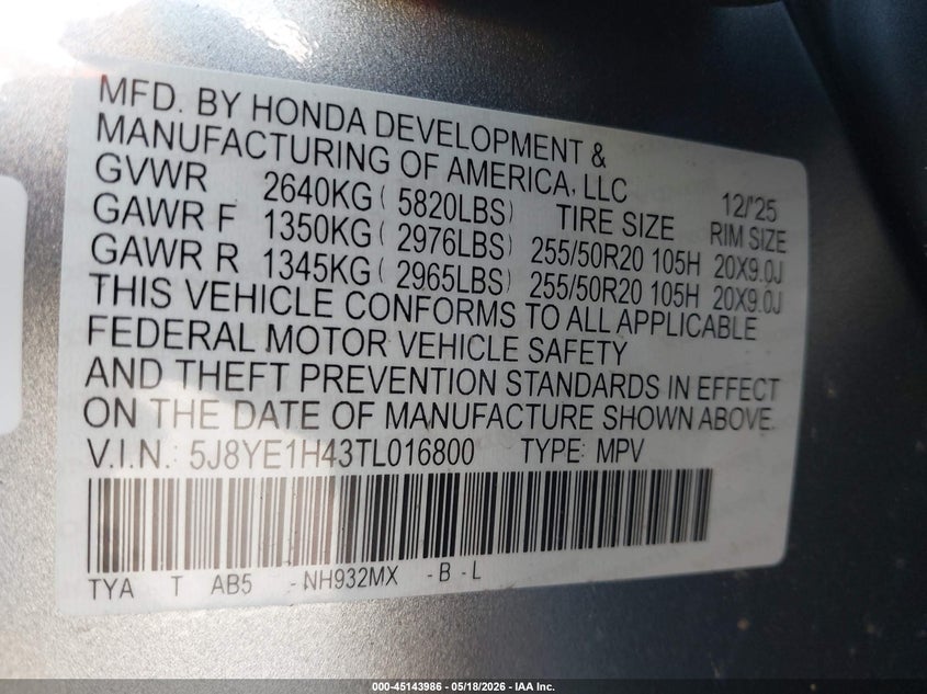 2026 Acura Mdx VIN 5J8YE1H43TL016800 IAAI salvage auction — LEFT SIDE, Mv-907A (New York), sold $10,800 on 2026-08-01 (photo 9)