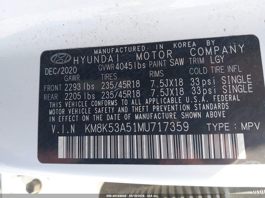 2021 Hyundai Kona VIN KM8K53A51MU717359 IAAI salvage auction — FRONT END, Salvage Title, sold $3,150 on 2026-07-22 (photo 9)