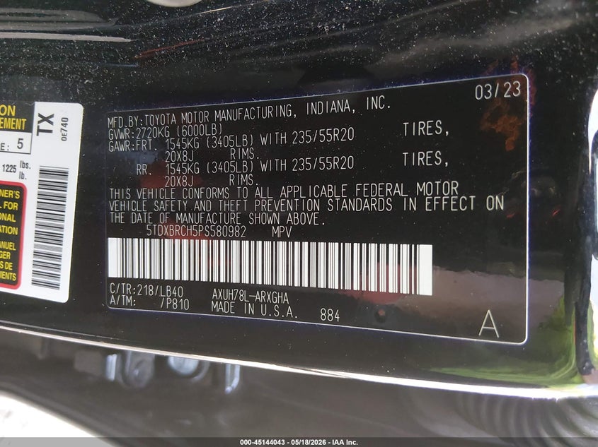 2023 Toyota Highlander VIN 5TDXBRCH5PS580982 IAAI salvage auction — FRONT END, Salvage (Rhode Island), sold $12,100 on 2026-07-28 (photo 9)