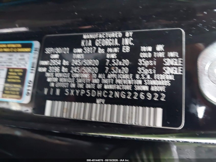 2022 Kia Telluride VIN 5XYP5DHC2NG226922 IAAI salvage auction — FRONT END, Salvage (Indiana), sold $7,350 on 2026-07-15 (photo 9)