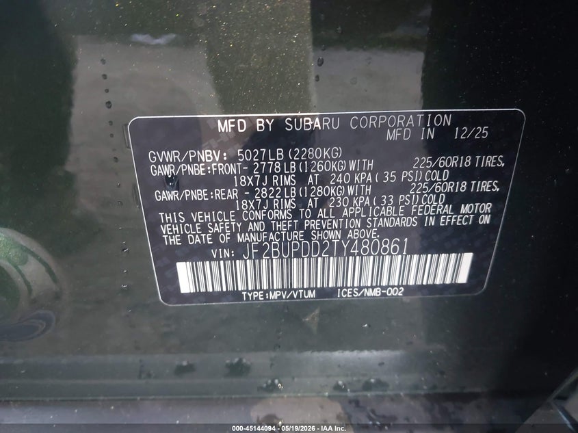 2026 Subaru Outback VIN JF2BUPDD2TY480861 IAAI salvage auction — LEFT REAR, Salvage - Greater Than 75% (Maryland), sold $13,700 on 2026-07-22 (photo 9)