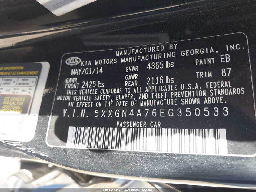 2014 Kia Optima VIN 5XXGN4A76EG350533 IAAI salvage auction — LEFT SIDE, Salvage (California), sold $100 on 2026-07-28 (photo 9)