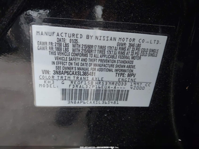 2025 Nissan Kicks VIN 3N8AP6CAXSL365481 IAAI salvage auction — FRONT END, Salvage (Texas), sold $2,950 on 2026-07-24 (photo 9)
