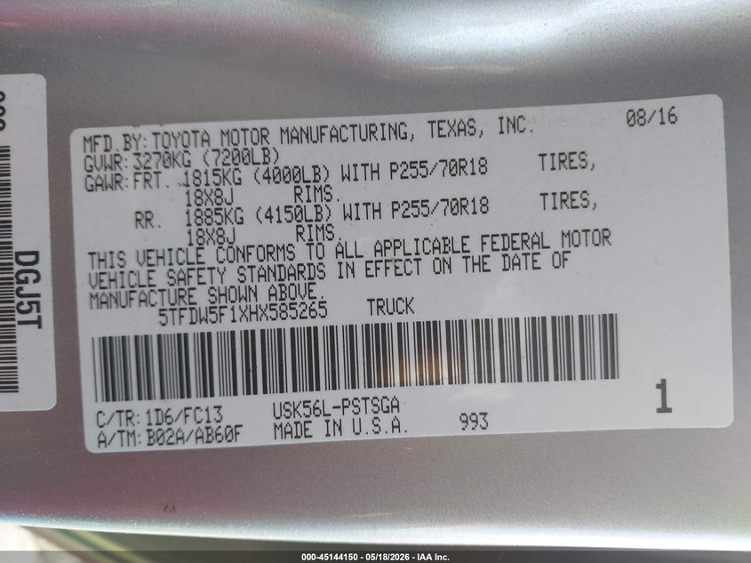 2017 Toyota Tundra VIN 5TFDW5F1XHX585265 IAAI salvage auction — FRONT END, Salvage (Arizona), sold $9,100 on 2026-08-01 (photo 9)