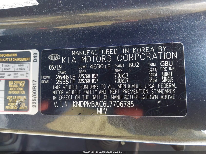 2020 Kia Sportage VIN KNDPM3AC6L7706785 IAAI salvage auction — UNKNOWN, Salvage Title, sold $3,700 on 2026-07-12 (photo 9)