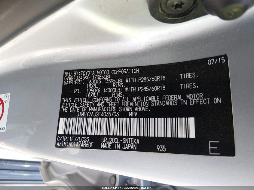 2015 Toyota Land cruiser VIN JTMHY7AJ2F4035703 IAAI salvage auction — FRONT END, Salvage (North Carolina), sold $26,250 on 2026-07-08 (photo 9)