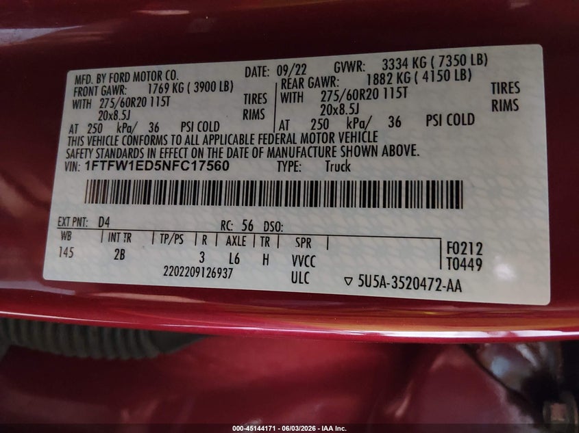 2022 Ford F-150 VIN 1FTFW1ED5NFC17560 IAAI salvage auction — HAIL, Clear (Colorado), sold $23,850 on 2026-07-22 (photo 9)