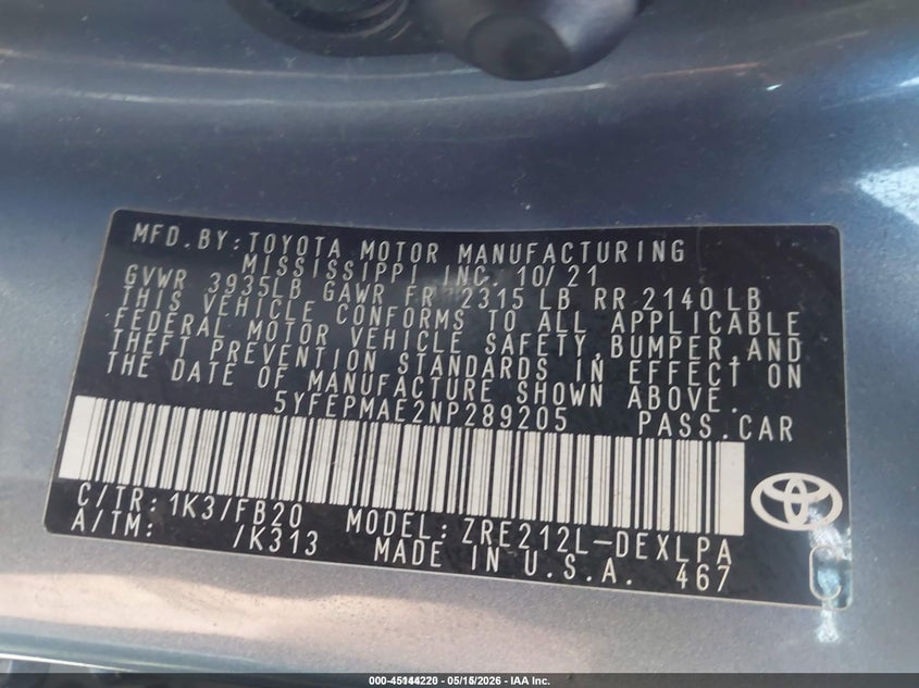 2022 Toyota Corolla VIN 5YFEPMAE2NP289205 IAAI salvage auction — REPOSSESSION, Original (Ohio), sold $1,750 on 2026-07-07 (photo 9)