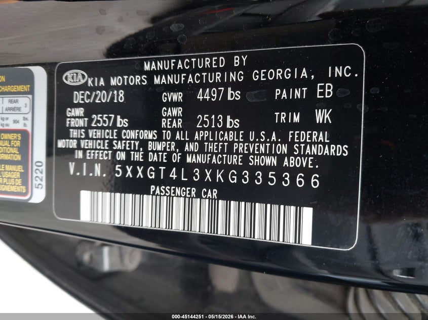 2019 Kia Optima VIN 5XXGT4L3XKG335366 IAAI salvage auction — THEFT, Salvage (California), sold $1,700 on 2026-07-23 (photo 9)