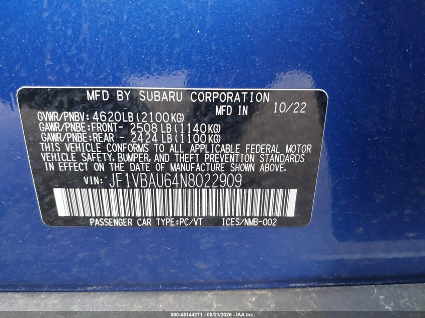 2022 Subaru Wrx VIN JF1VBAU64N8022909 IAAI salvage auction — FRONT & REAR, Salvage (Idaho), sold $7,600 on 2026-07-09 (photo 9)