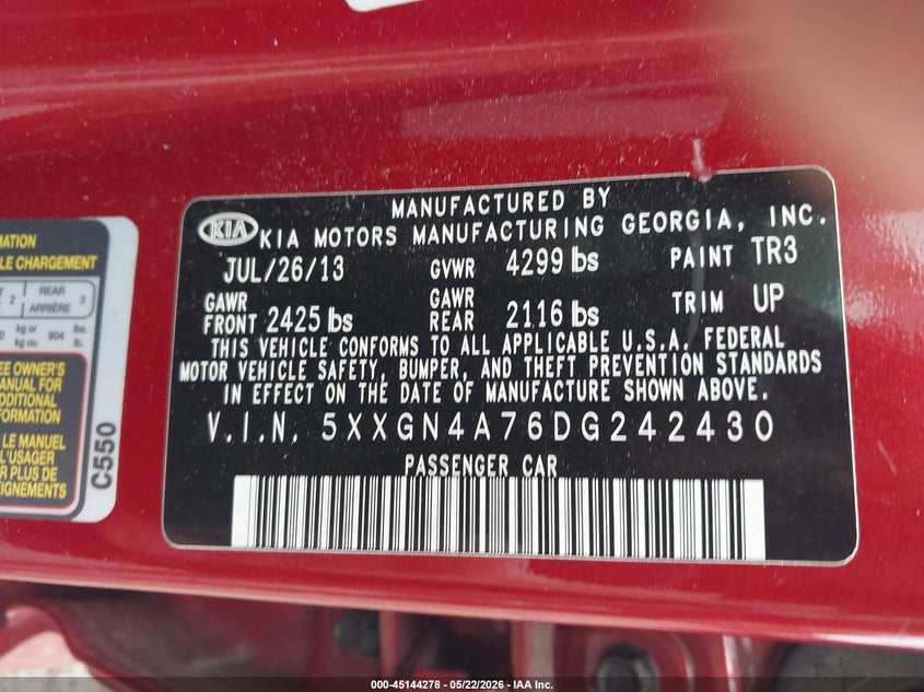 2013 Kia Optima VIN 5XXGN4A76DG242430 IAAI salvage auction — FRONT END, Salvage (South Carolina), sold $450 on 2026-07-08 (photo 9)
