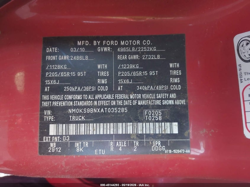 2010 Ford Transit connect VIN NM0KS9BNXAT035285 IAAI salvage auction — FRONT END, Enterprise Vehicles Clear Only (Virginia), sold $3,650 on 2026-07-07 (photo 9)