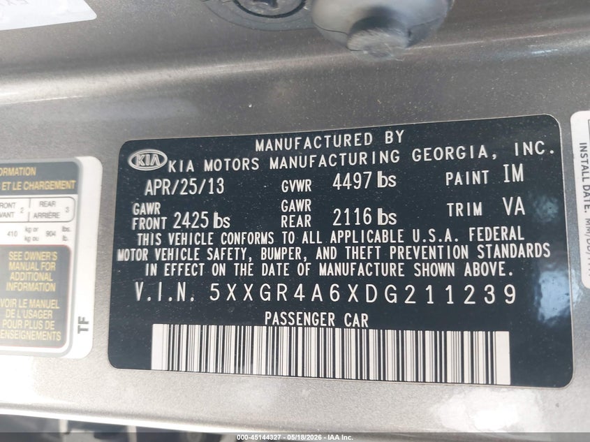 2013 Kia Optima VIN 5XXGR4A6XDG211239 IAAI salvage auction — UNKNOWN, Salvage (Georgia), sold $400 on 2026-07-14 (photo 9)