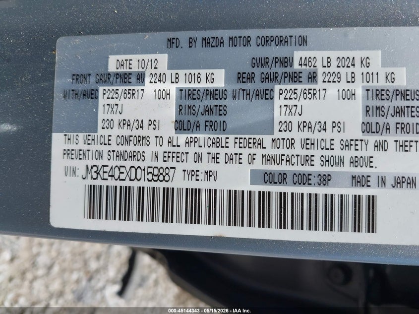 2013 Mazda Cx-5 VIN JM3KE4CEXD0159887 IAAI salvage auction — ROLLOVER, Non-Repairable (Tennessee), sold $650 on 2026-07-20 (photo 9)