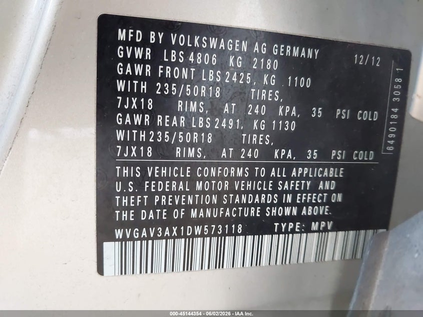 2013 Volkswagen Tiguan VIN WVGAV3AX1DW573118 IAAI salvage auction — NORMAL WEAR, Clear (Delaware), sold $525 on 2026-07-27 (photo 9)