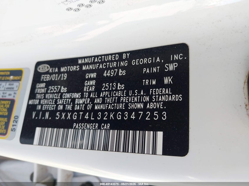 2019 Kia Optima VIN 5XXGT4L32KG347253 IAAI salvage auction — REAR END, Salvage (New Mexico), sold $1,750 on 2026-07-06 (photo 9)