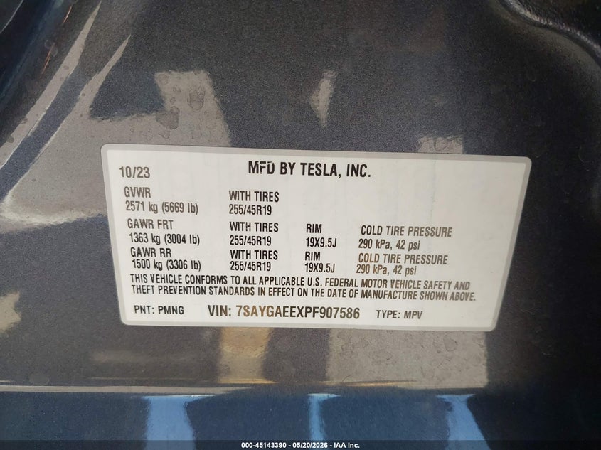 2023 Tesla Model y VIN 7SAYGAEEXPF907586 IAAI salvage auction — RIGHT REAR, Salvage (Arizona), sold $13,000 on 2026-07-14 (photo 9)