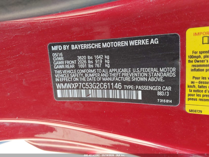 2016 Mini Hard top VIN WMWXP7C53G2C61146 IAAI salvage auction — LEFT FRONT, Salvage (New Hampshire), sold $3,300 on 2026-07-08 (photo 9)