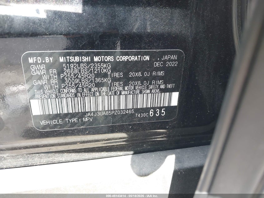 2023 Mitsubishi Outlander VIN JA4J3UA85PZ032465 IAAI salvage auction — FRONT END, Salvage (Georgia), sold $6,550 on 2026-07-17 (photo 9)