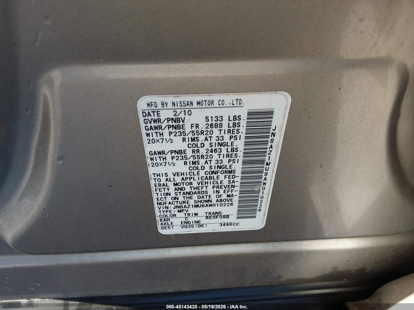 2010 Nissan Murano VIN JN8AZ1MU8AW010226 IAAI salvage auction — FRONT END, Salvage (North Carolina), sold $400 on 2026-07-08 (photo 9)