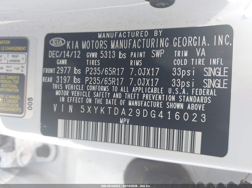 2013 Kia Sorento VIN 5XYKTDA29DG416023 IAAI salvage auction — NORMAL WEAR, Clear - Dealer Only (California), sold $1,050 on 2026-07-29 (photo 9)