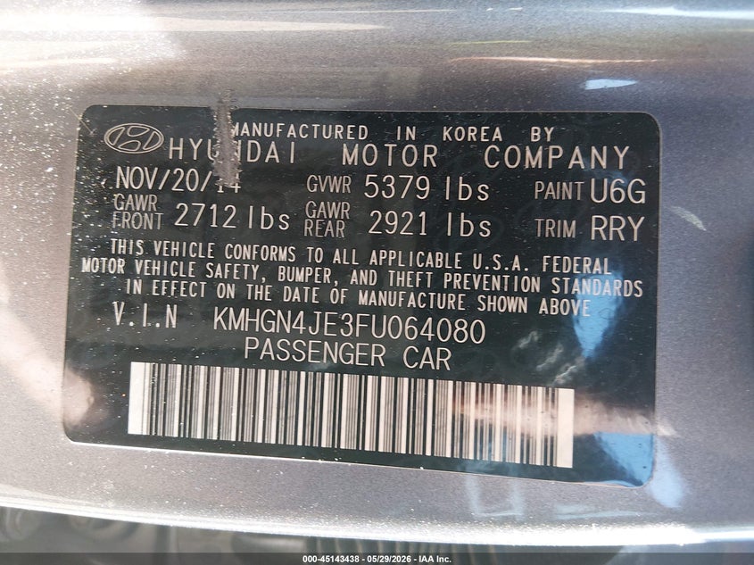 2015 Hyundai Genesis VIN KMHGN4JE3FU064080 IAAI salvage auction — FRONT END, Salvage Title, sold $1,650 on 2026-07-15 (photo 9)