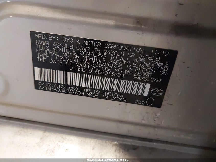 2013 Lexus Gs VIN JTHCE1BL6D5013600 IAAI salvage auction — FRONT END, Salvage (Texas), sold $1,450 on 2026-07-22 (photo 9)