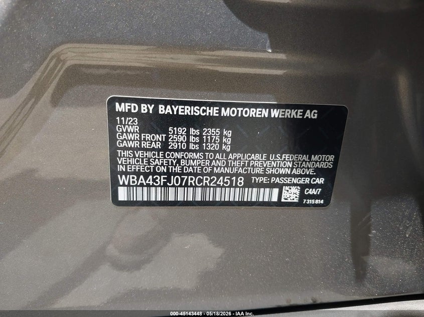 2024 BMW 5er VIN WBA43FJ07RCR24518 IAAI salvage auction — FRONT END, Salvage (California), sold $23,000 on 2026-08-05 (photo 9)