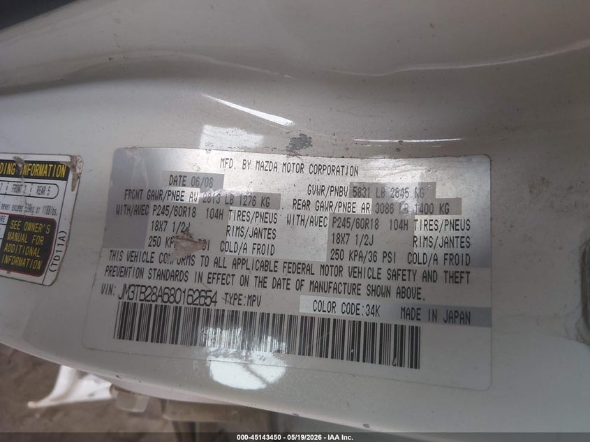 2008 Mazda Cx-9 VIN JM3TB28A680162654 IAAI salvage auction — LEFT SIDE, Salvage (Texas), sold $575 on 2026-07-14 (photo 9)