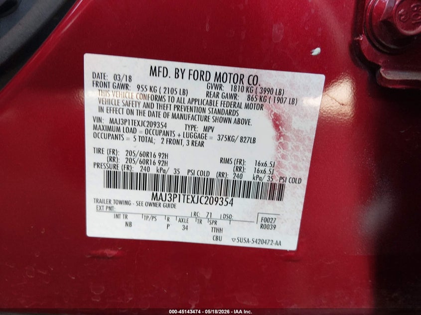 2018 Ford Ecosport VIN MAJ3P1TEXJC209354 IAAI salvage auction — LEFT FRONT, Salvage (Arizona), sold $825 on 2026-07-28 (photo 9)