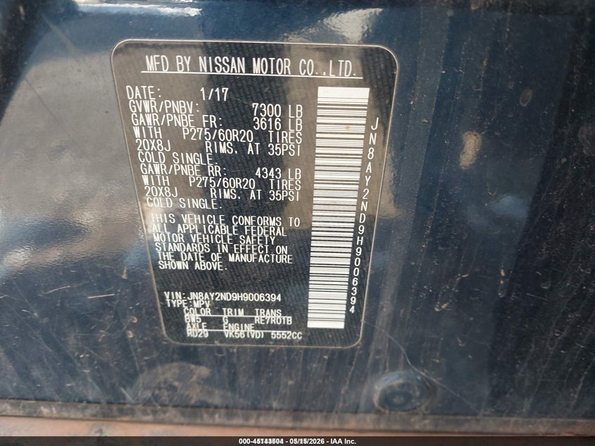 2017 Nissan Armada VIN JN8AY2ND9H9006394 IAAI salvage auction — NORMAL WEAR, Clear (Indiana), sold $4,350 on 2026-07-08 (photo 9)