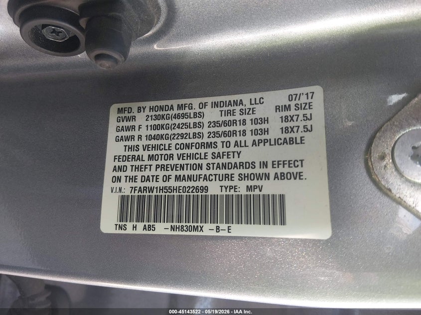 2017 Honda Cr-v VIN 7FARW1H55HE022699 IAAI salvage auction — RIGHT SIDE, Salvage (Georgia), sold $5,350 on 2026-07-17 (photo 9)