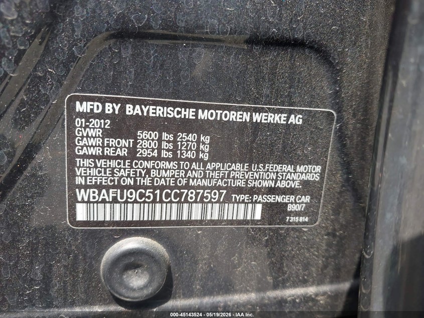 2012 BMW 5er VIN WBAFU9C51CC787597 IAAI salvage auction — FRONT END, Salvage (Connecticut), sold $1,800 on 2026-07-16 (photo 9)