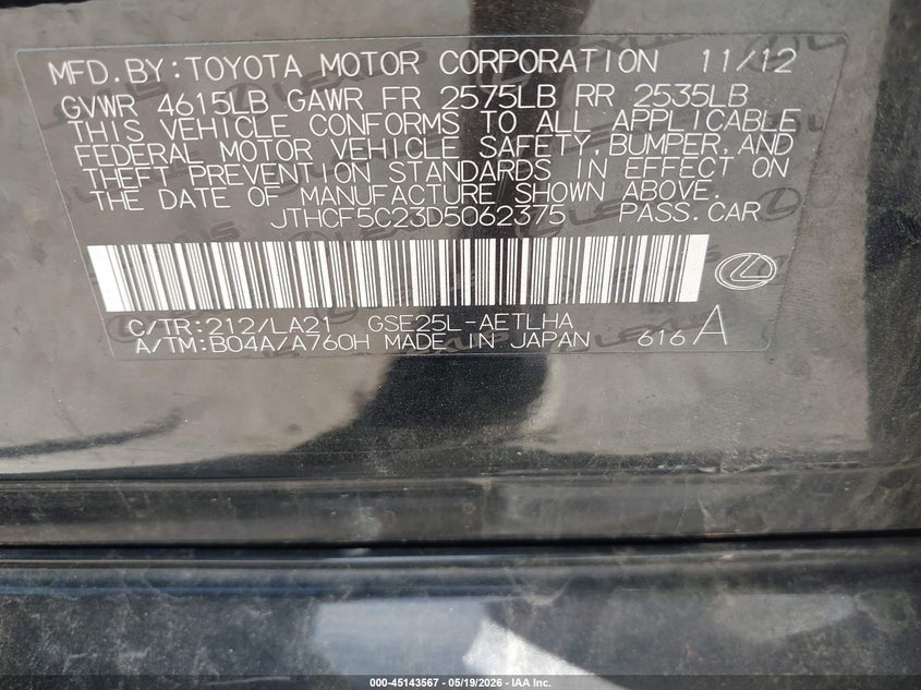 2013 Lexus Is VIN JTHCF5C23D5062375 IAAI salvage auction — FRONT END, Salvage (North Carolina), sold $350 on 2026-07-17 (photo 9)