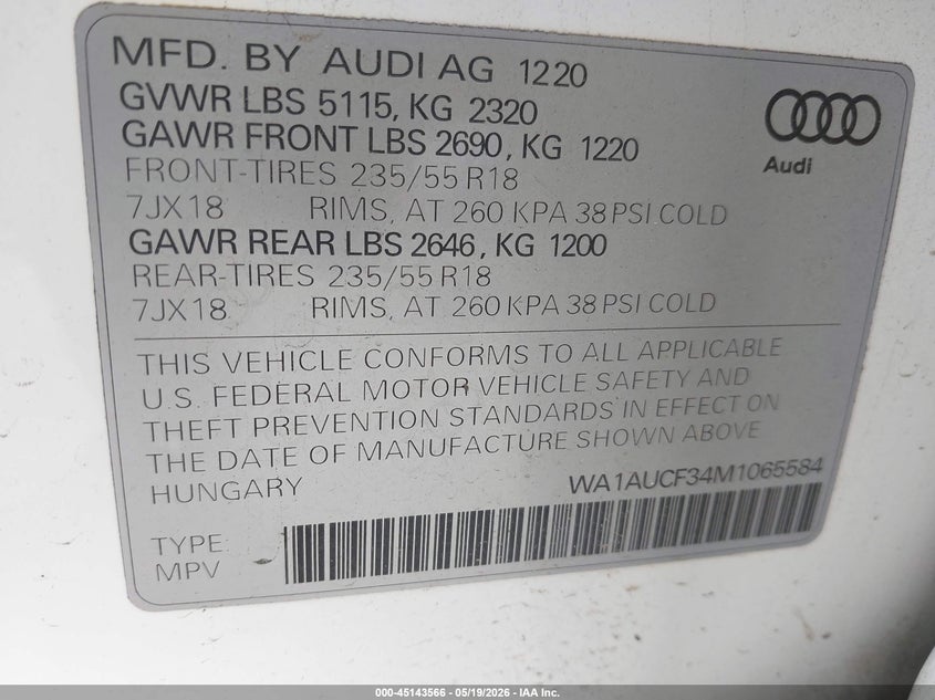 2021 Audi Q3 VIN WA1AUCF34M1065584 IAAI salvage auction — FRONT END, Salvage (Texas), sold $4,250 on 2026-07-09 (photo 9)