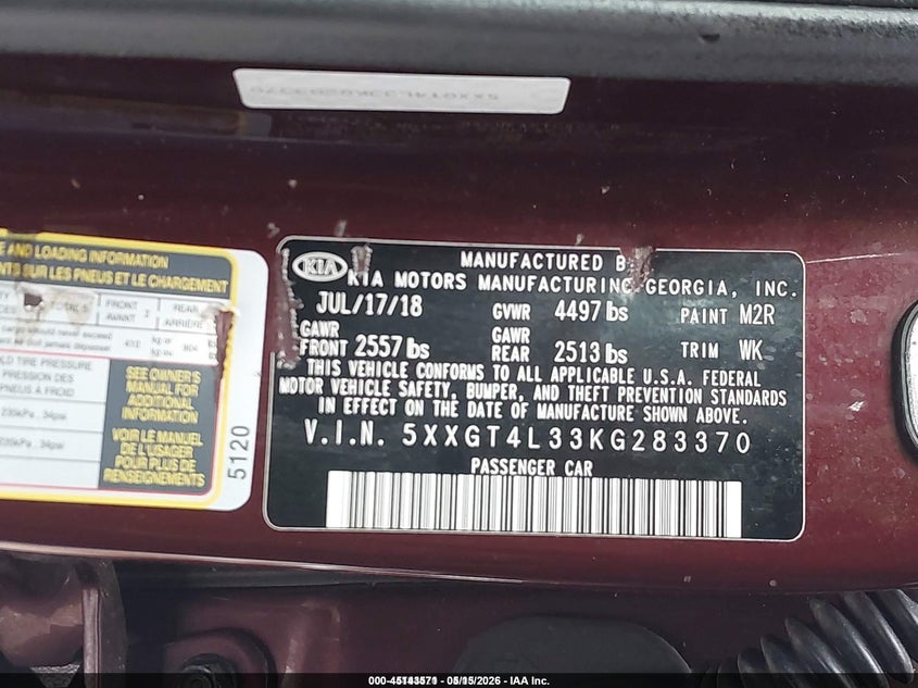 2019 Kia Optima VIN 5XXGT4L33KG283370 IAAI salvage auction — RIGHT FRONT, Original (West Virginia), sold $2,200 on 2026-07-15 (photo 9)