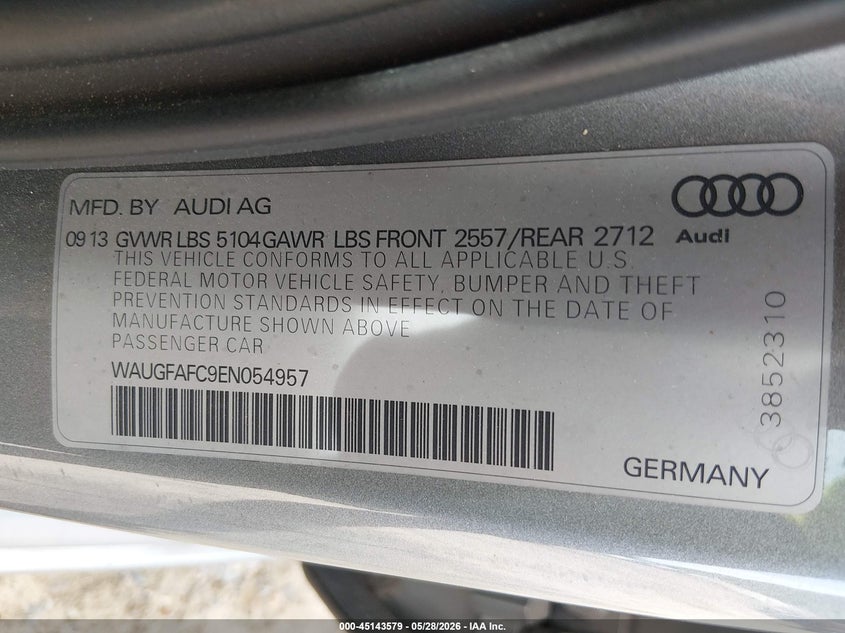 2014 Audi A6 VIN WAUGFAFC9EN054957 IAAI salvage auction — REAR END, Salvage (Georgia), sold $1,550 on 2026-07-09 (photo 9)