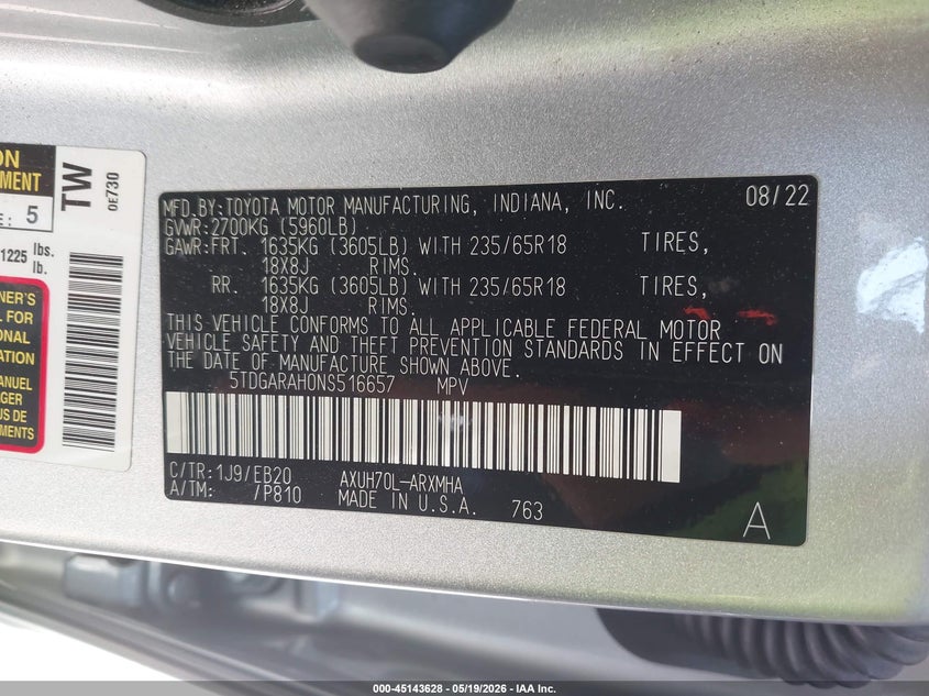 2022 Toyota Highlander VIN 5TDGARAH0NS516657 IAAI salvage auction — FRONT END, Salvage (California), sold $8,100 on 2026-07-29 (photo 9)