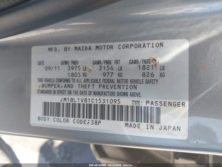 2012 Mazda 3 VIN JM1BL1V81C1531095 IAAI salvage auction — NORMAL WEAR, Clear - Dealer Only (California), sold $850 on 2026-07-20 (photo 9)