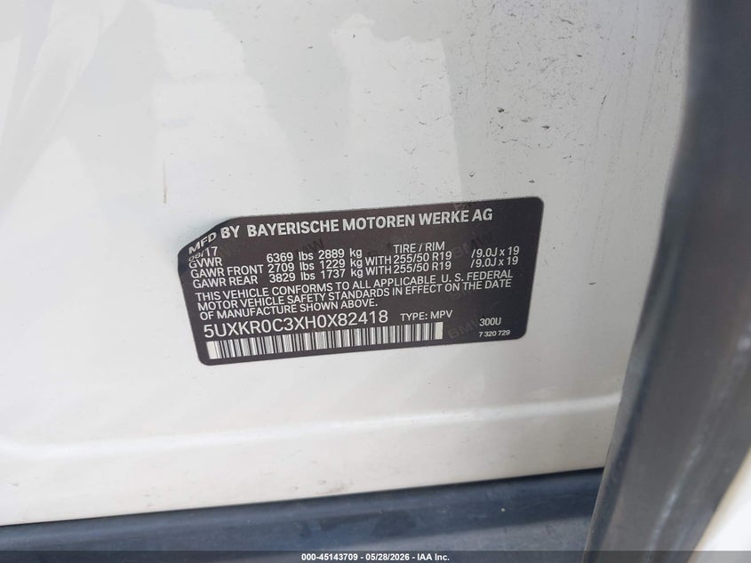 2017 BMW X5 VIN 5UXKR0C3XH0X82418 IAAI salvage auction — FRONT END, Salvage Title, sold $2,625 on 2026-07-28 (photo 9)