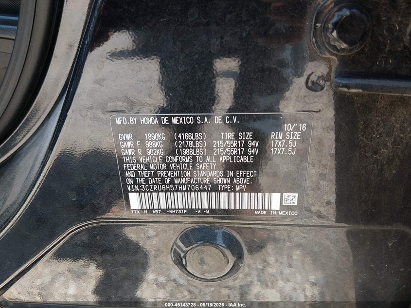 2017 Honda Hr-v VIN 3CZRU6H57HM706447 IAAI salvage auction — FRONT END, Salvage Title, sold $900 on 2026-07-18 (photo 9)