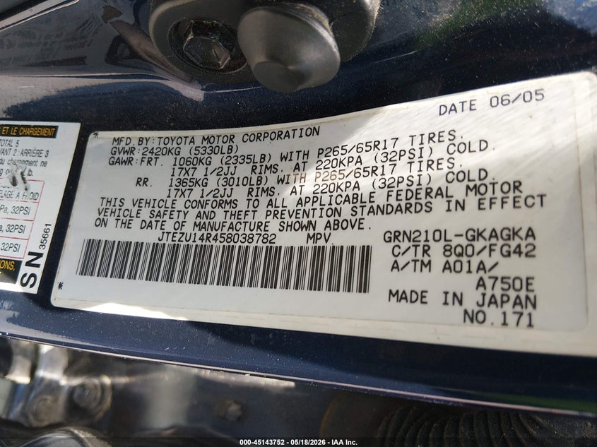 2005 Toyota 4runner VIN JTEZU14R458038782 IAAI salvage auction — FRONT END, Salvage (North Carolina), sold $2,500 on 2026-07-29 (photo 9)