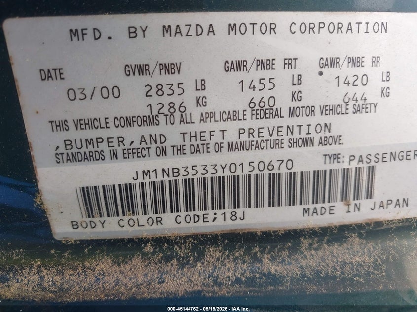 2000 Mazda Mx-5 VIN JM1NB3533Y0150670 IAAI salvage auction — NORMAL WEAR, Clear-Dealer Only (North Carolina), sold $750 on 2026-07-21 (photo 9)