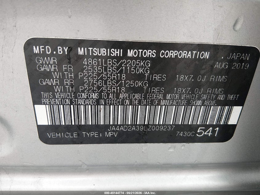2020 Mitsubishi Outlander VIN JA4AD2A39LZ009237 IAAI salvage auction — FRONT END, Salvage (West Virginia), sold $3,250 on 2026-07-19 (photo 9)