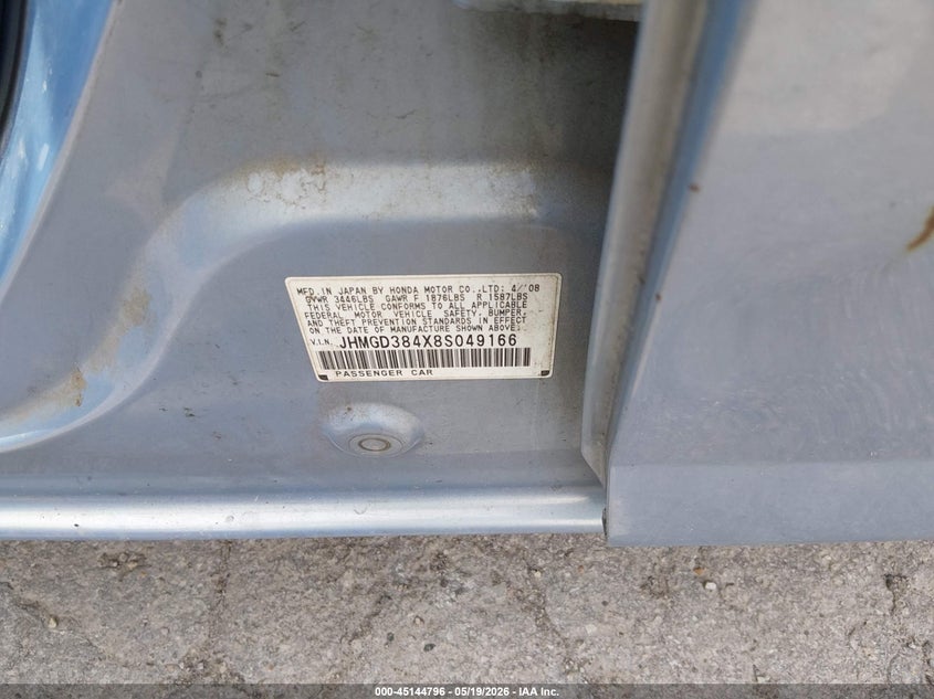2008 Honda Fit VIN JHMGD384X8S049166 IAAI salvage auction — NORMAL WEAR, Original (Kentucky), sold $1,025 on 2026-07-13 (photo 9)