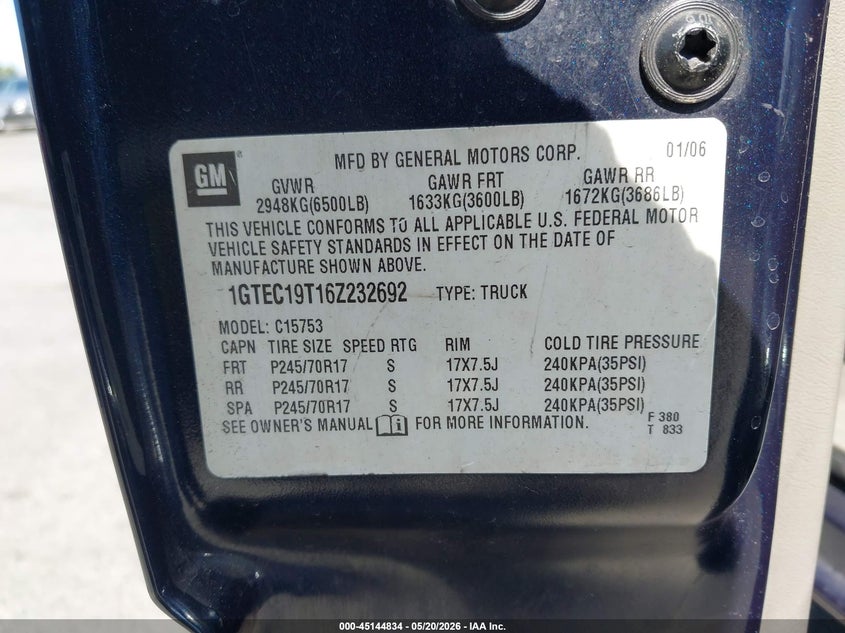 2006 Gmc SIERRA VIN 1GTEC19T16Z232692 IAAI salvage auction — LEFT FRONT, Salvage (California), sold $1,650 on 2026-07-09 (photo 9)