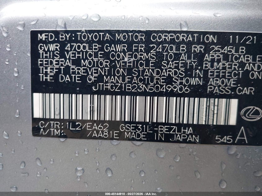 2022 Lexus Is VIN JTHGZ1B23N5049906 IAAI salvage auction — ROLLOVER, Salvage Title, sold $1,250 on 2026-07-08 (photo 9)