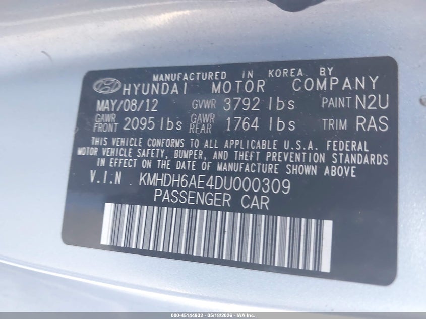 2013 Hyundai Elantra VIN KMHDH6AE4DU000309 IAAI salvage auction — FRONT END, Salvage (Georgia), sold $475 on 2026-07-07 (photo 9)